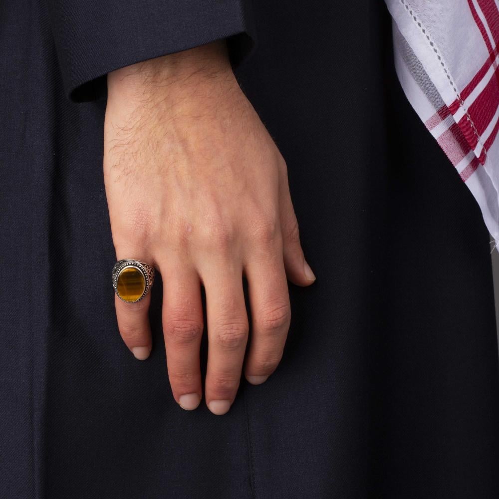 Men's Silver Ring with Tiger's Eye - Arabesque Design
