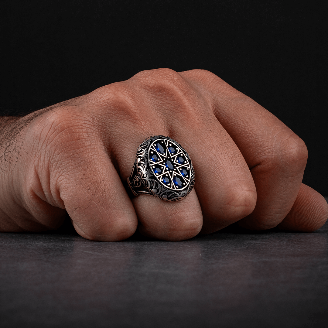 Sterling Silver Men's Ring with Blue Zircon Stone