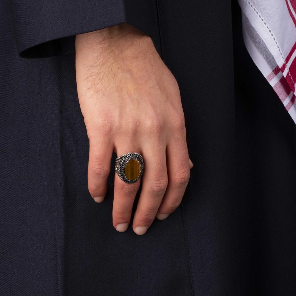 Men's Silver Ring with Tiger's Eye - Elegant Luxury Design