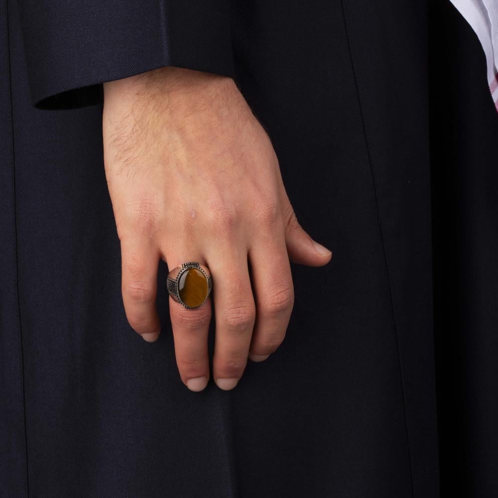 Men's Silver Ring with Tiger's Eye - Classic Ornate Design