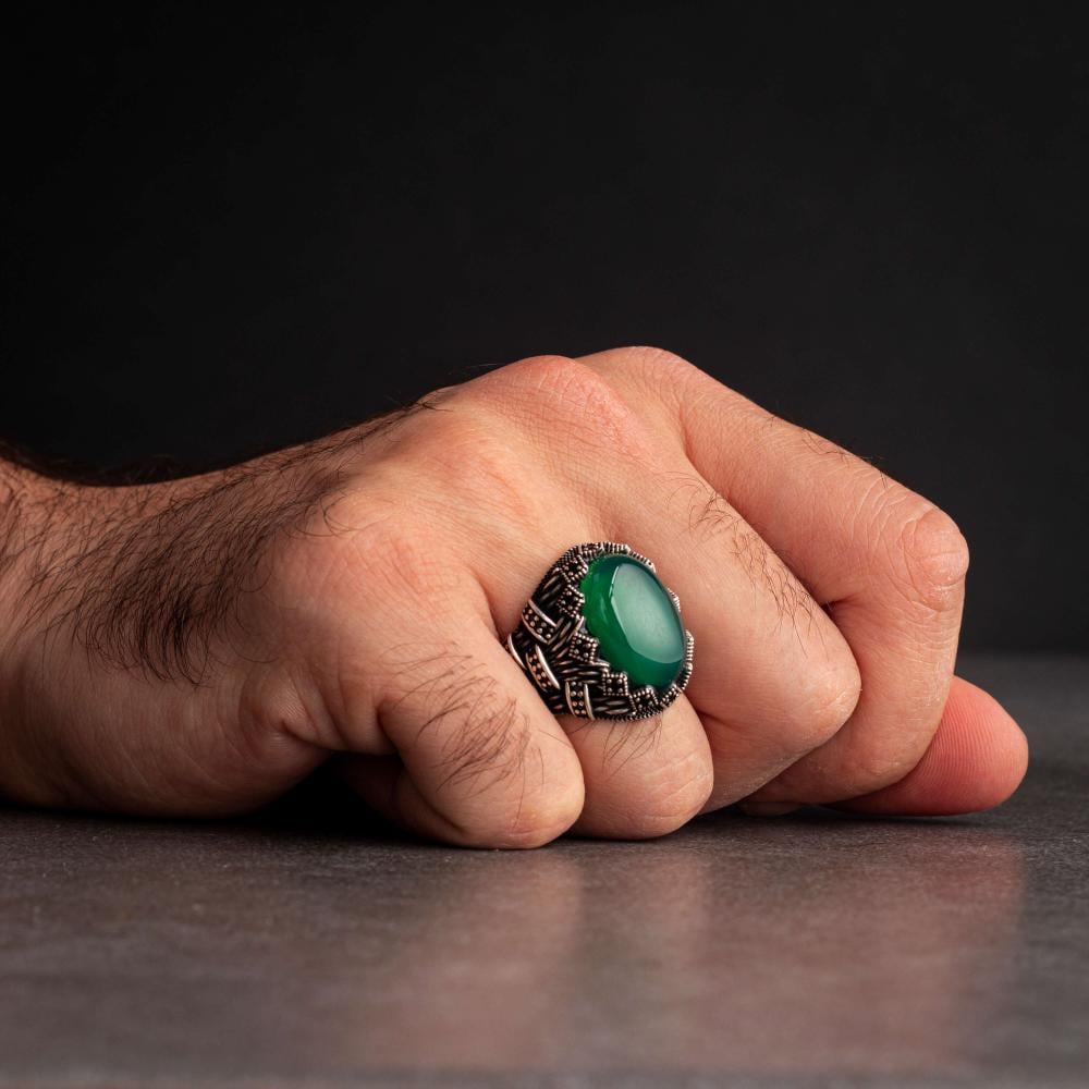 Men's Silver Ring with Green Agate