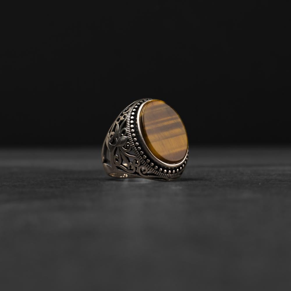 Men's Silver Ring with Tiger's Eye - Arabesque Design