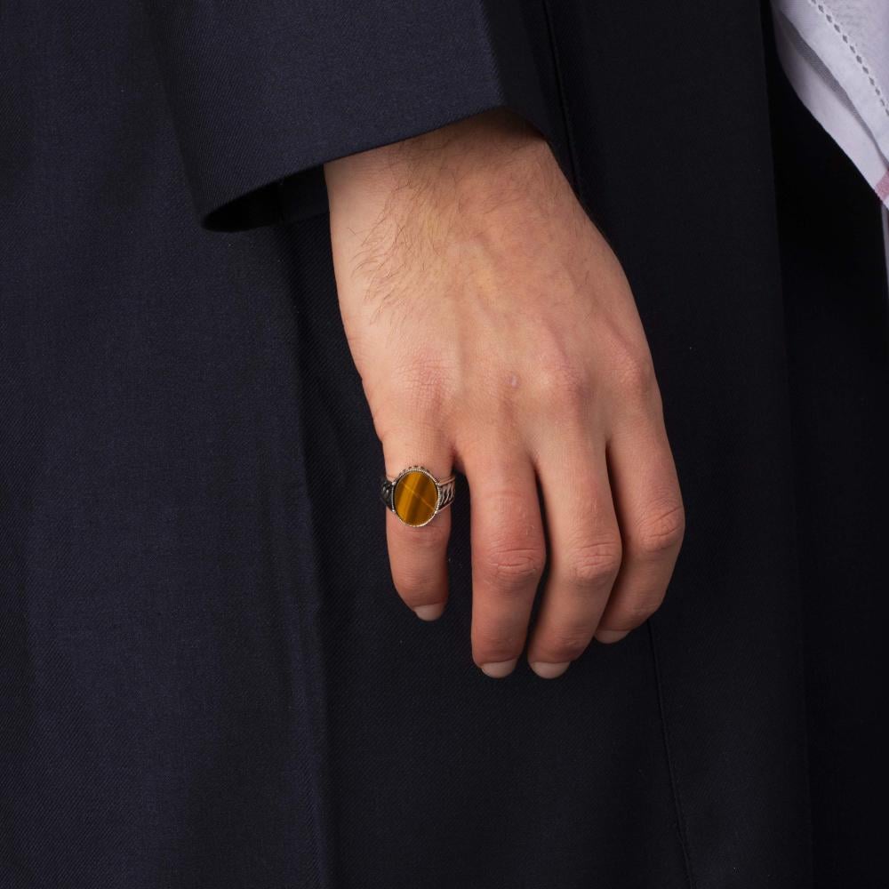 Men's Silver Ring with Tiger's Eye - Chain Link Design