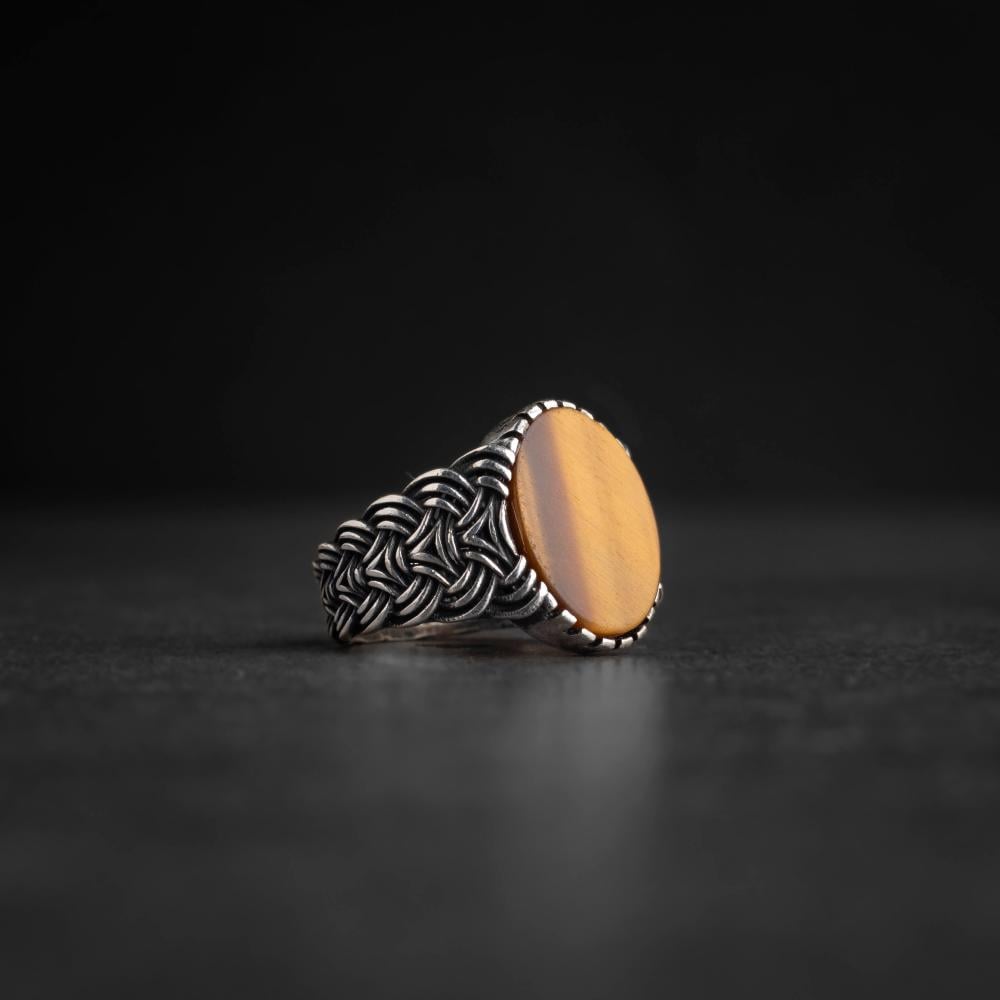 Men's Silver Ring with Tiger's Eye - Unique Interwoven Design