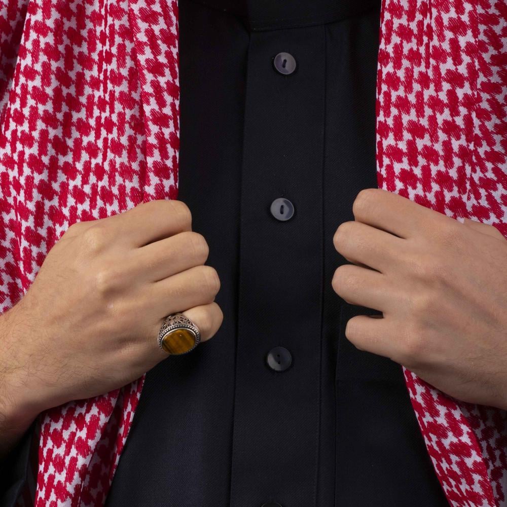 Men's Silver Ring with Tiger's Eye - Arabesque Design