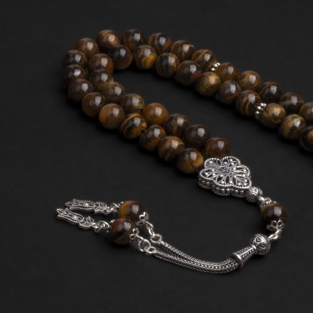 Tiger Eye Stone Prayer Beads with Silver Tassel (8 mm)