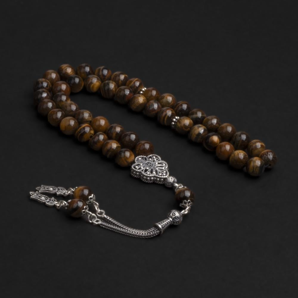 Tiger Eye Stone Prayer Beads with Silver Tassel (8 mm)
