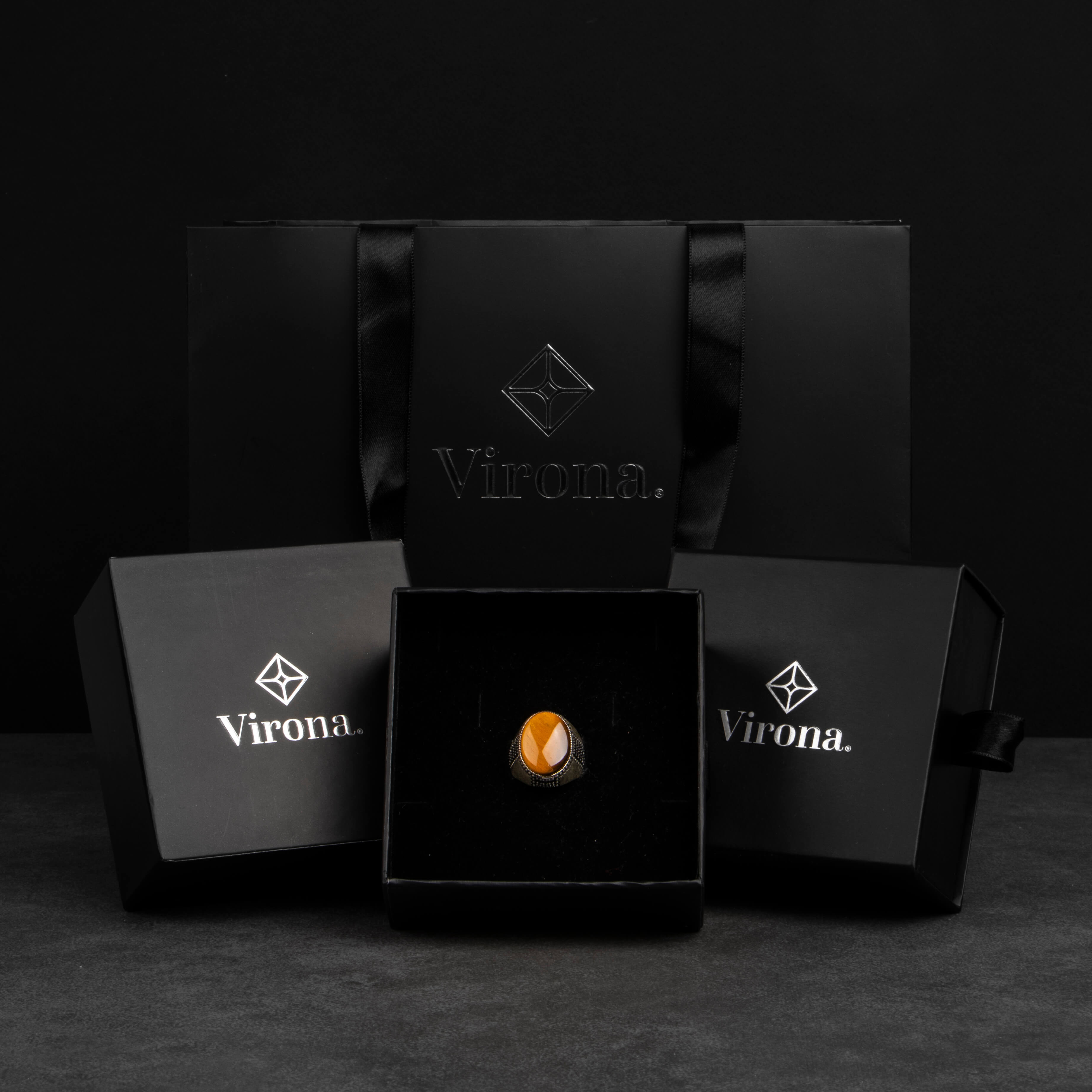 Men's Silver Ring with Tiger Eye Stone in Classic Ornate Design