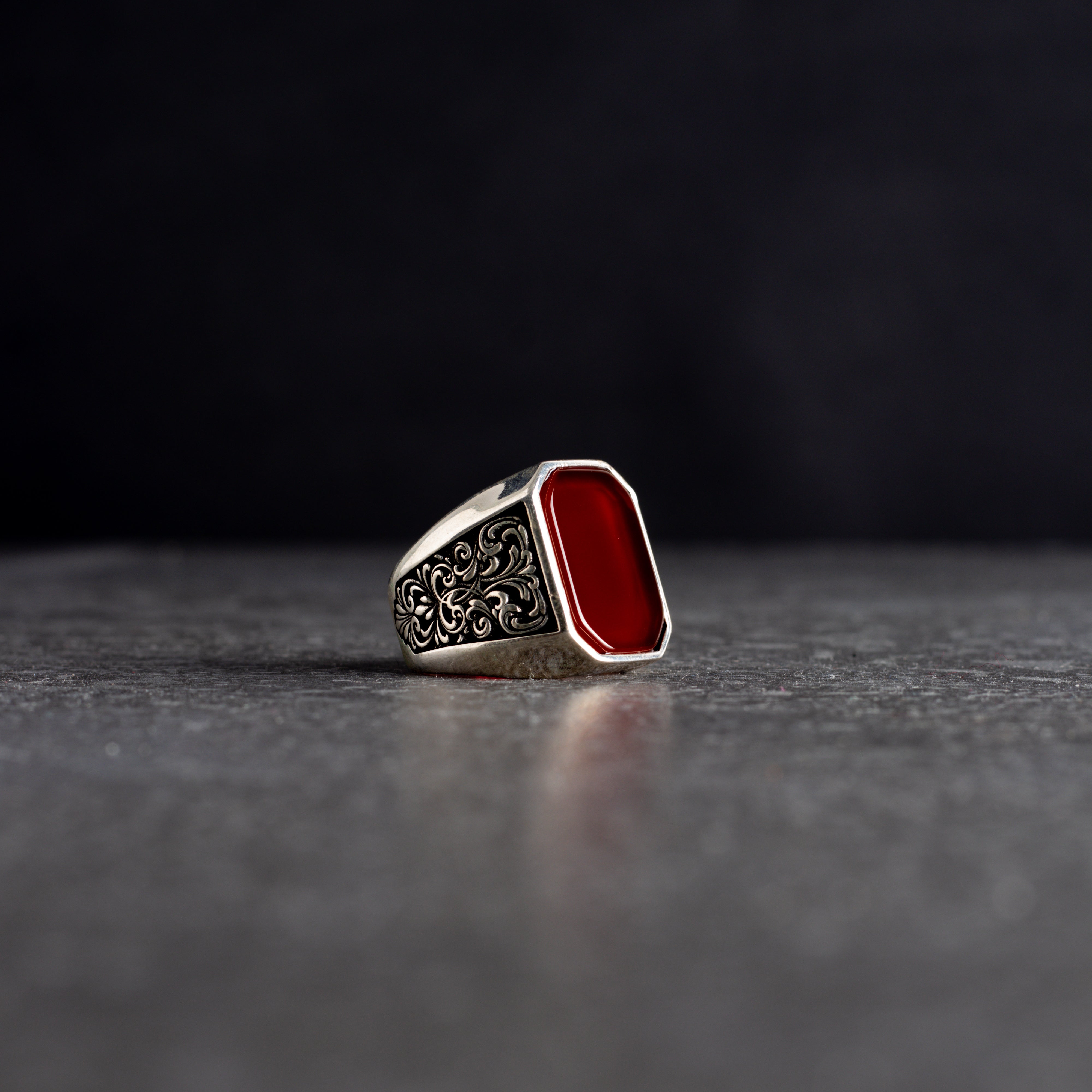 Men's silver ring with red agate stone