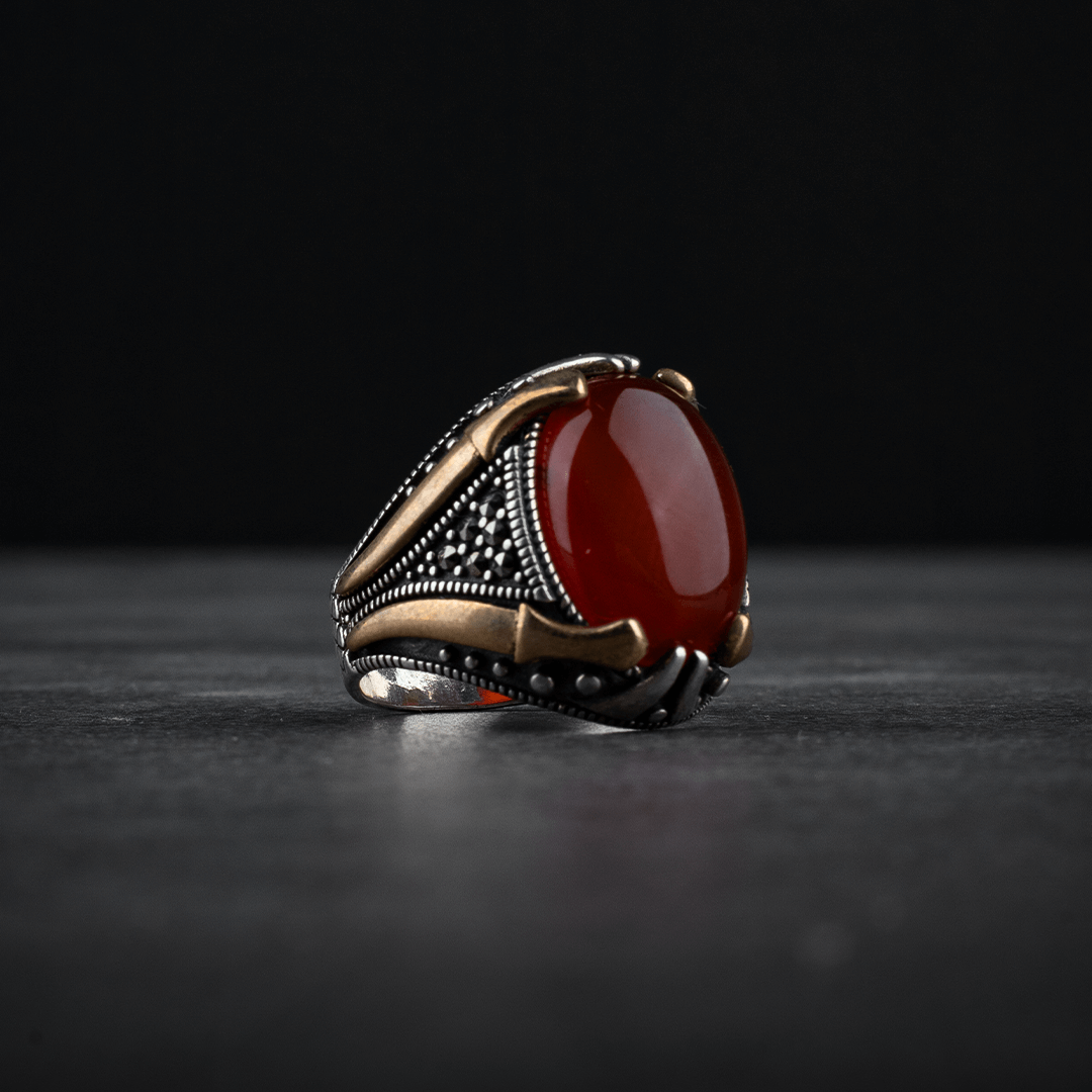 Sterling Silver Men's Ring with Red Agate Stone