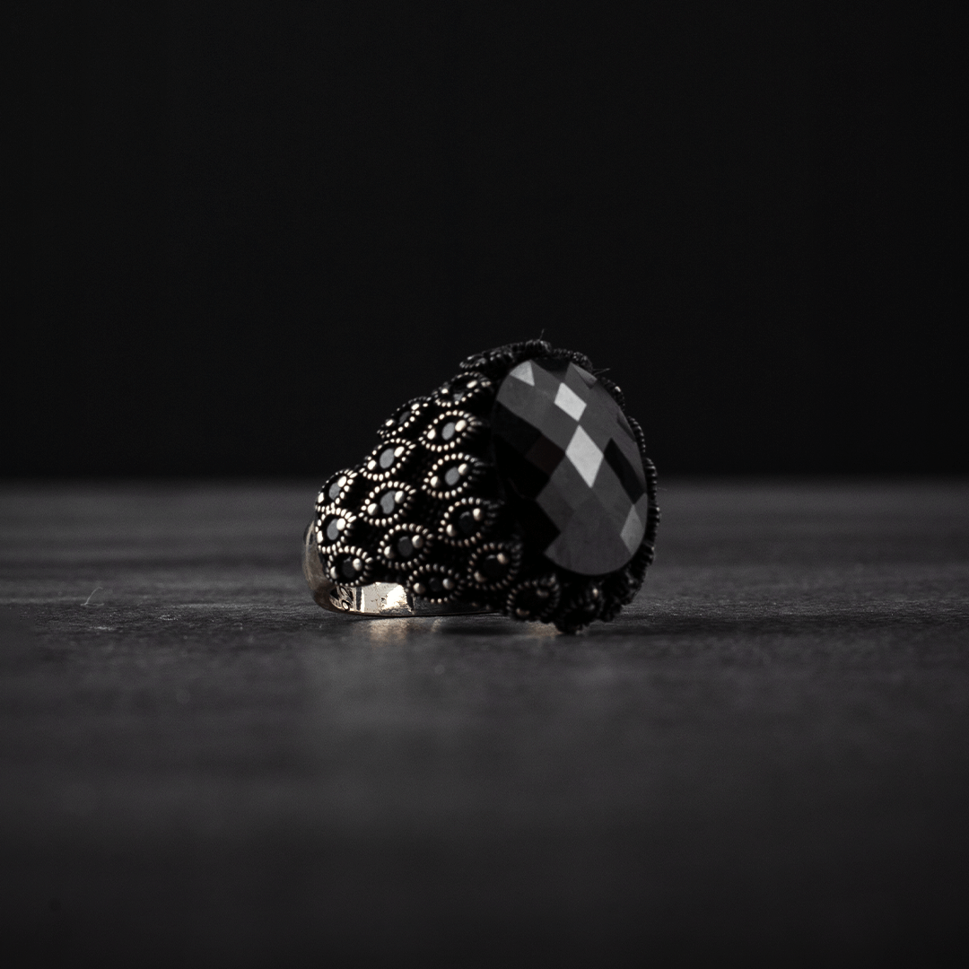 Men's Sterling Silver Ring with Black Zircon Stone