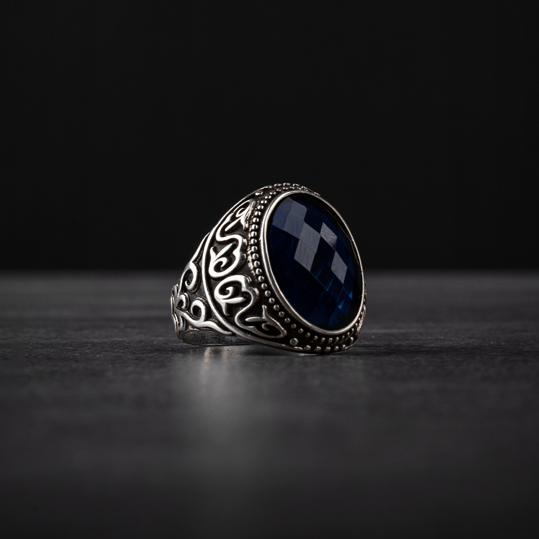Sterling Silver Men's Ring with Blue Zircon Stone