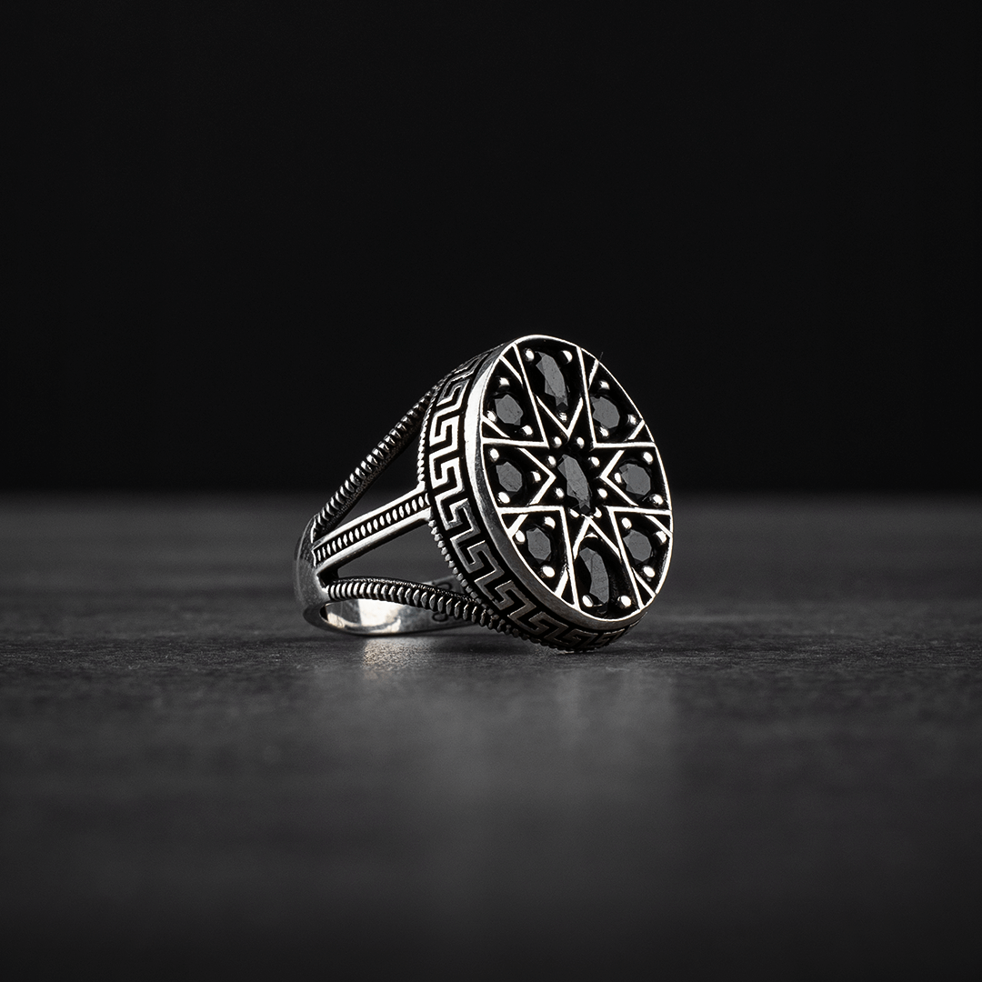 Men's Sterling Silver Ring with Black Zircon Stones