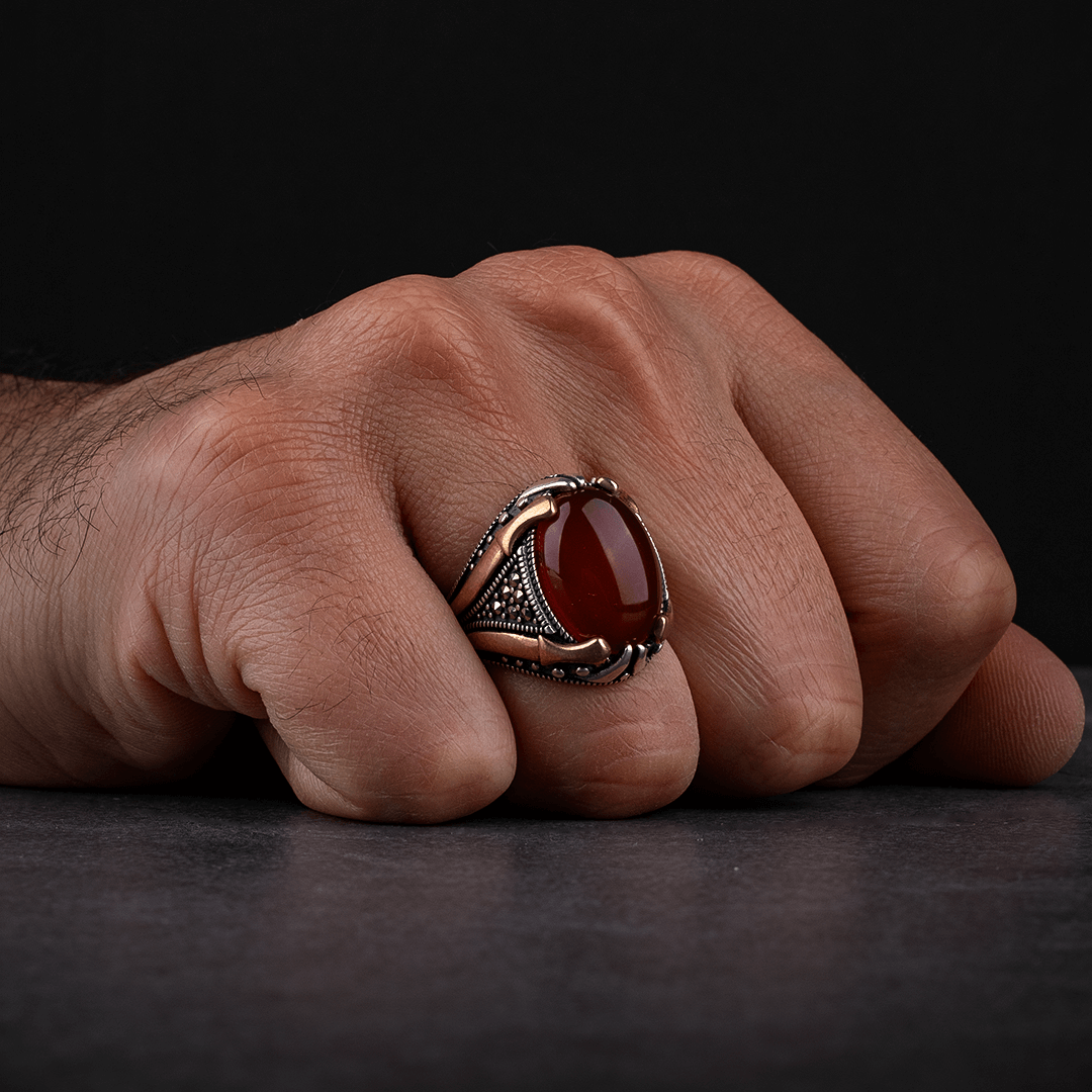 Sterling Silver Men's Ring with Red Agate Stone