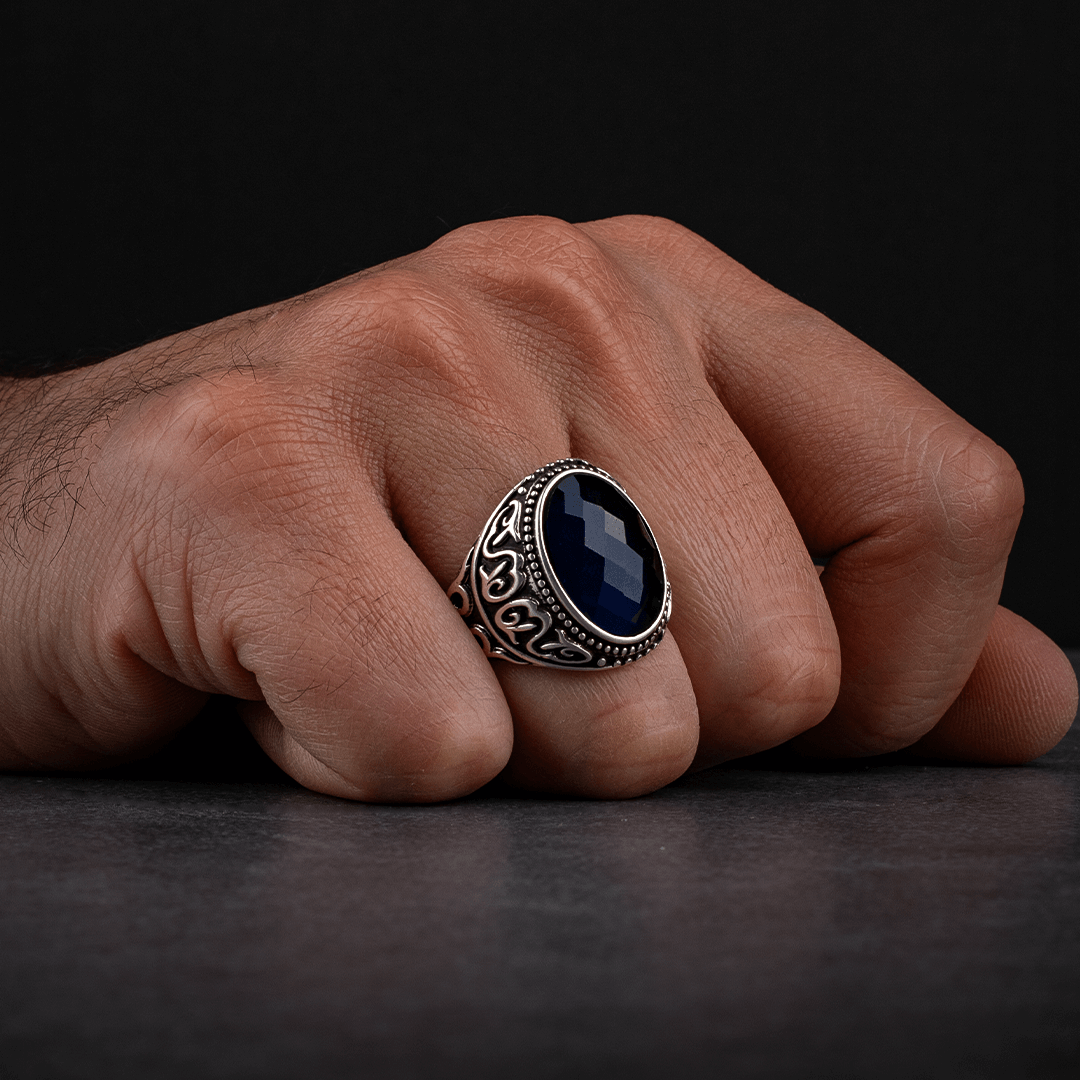 Sterling Silver Men's Ring with Blue Zircon Stone