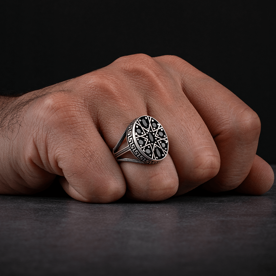 Men's Sterling Silver Ring with Black Zircon Stones