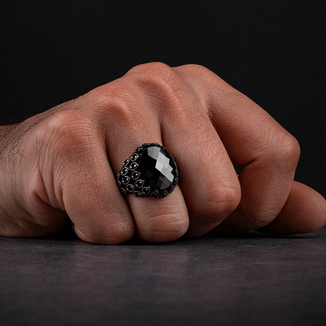 Men's Sterling Silver Ring with Black Zircon Stone