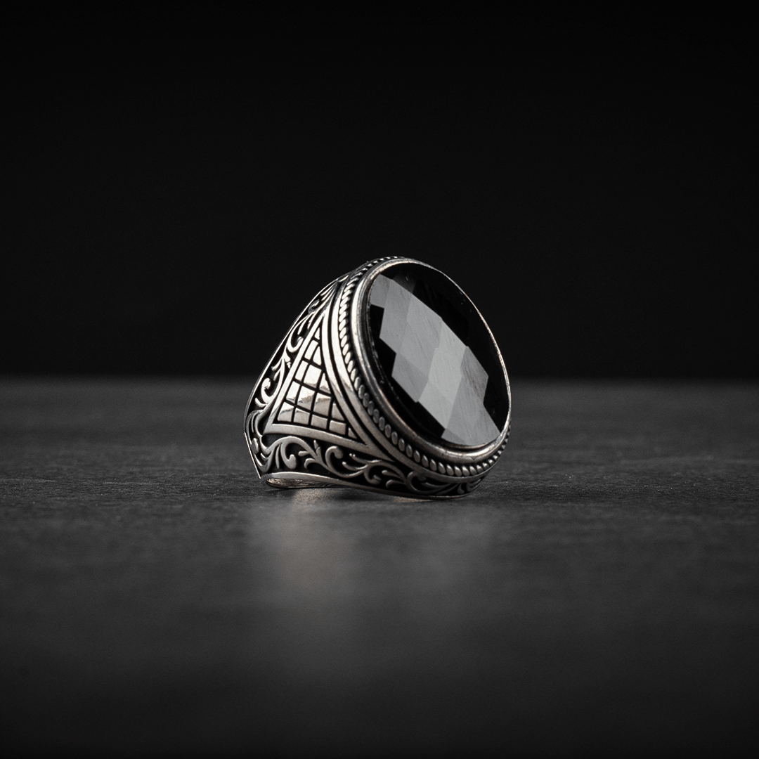 Men's Sterling Silver Ring with Black Zircon Stone
