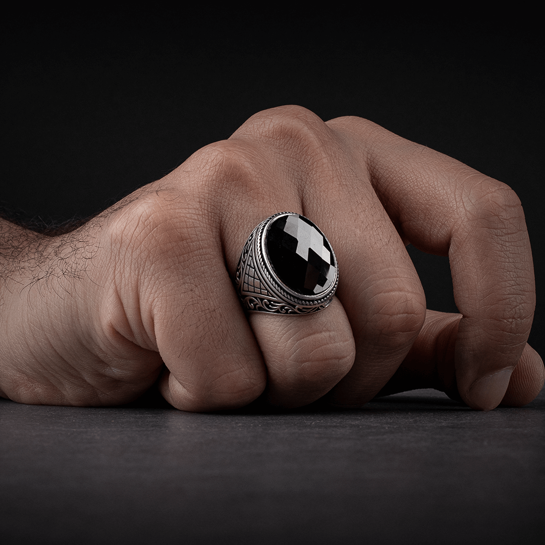 Men's Sterling Silver Ring with Black Zircon Stone