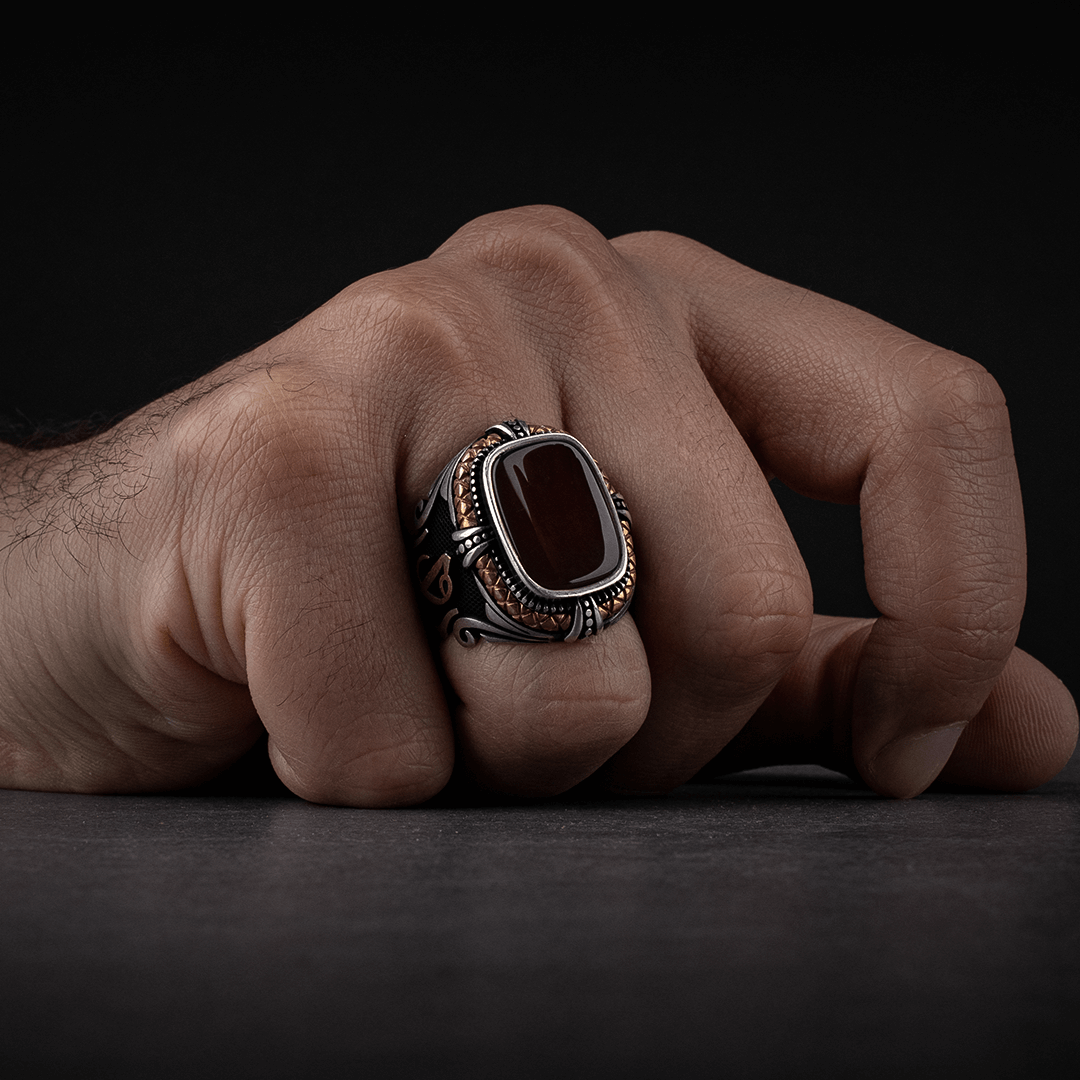 Sterling Silver Men's Ring with Red Agate Stone
