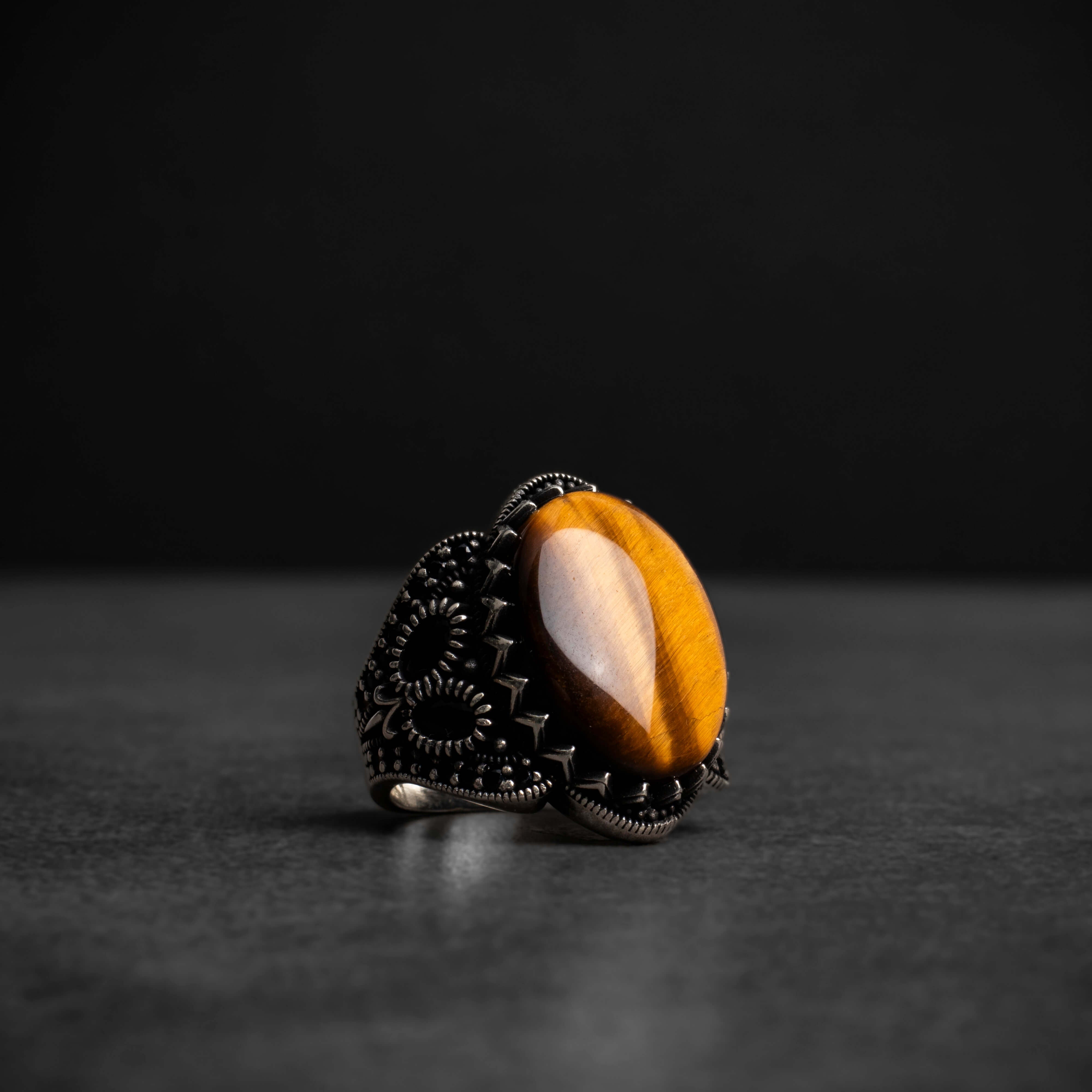 Men's silver ring with tiger eye stone with ornate design