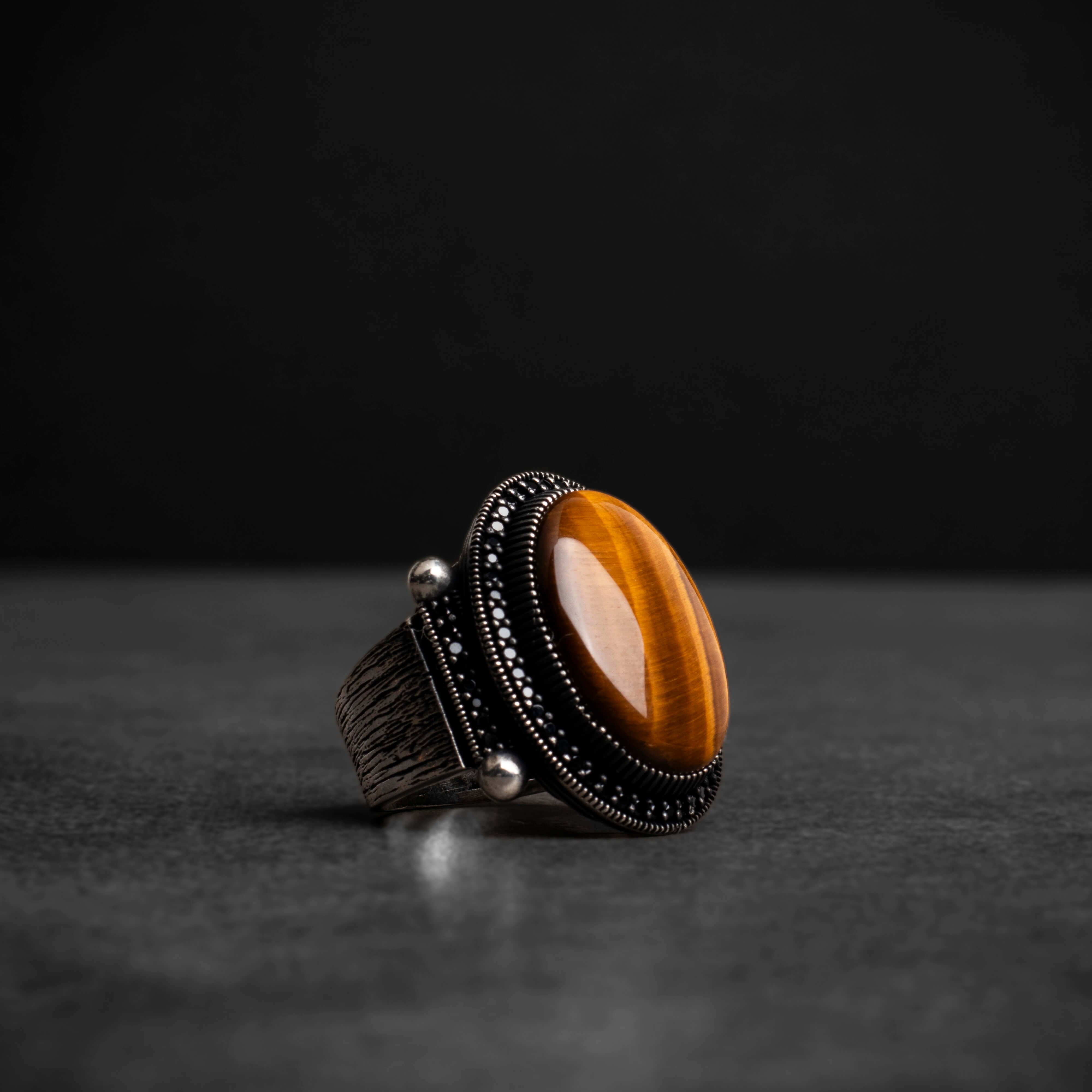 Men's Silver Ring with Tiger Eye Stone in a Luxurious Royal Frame
