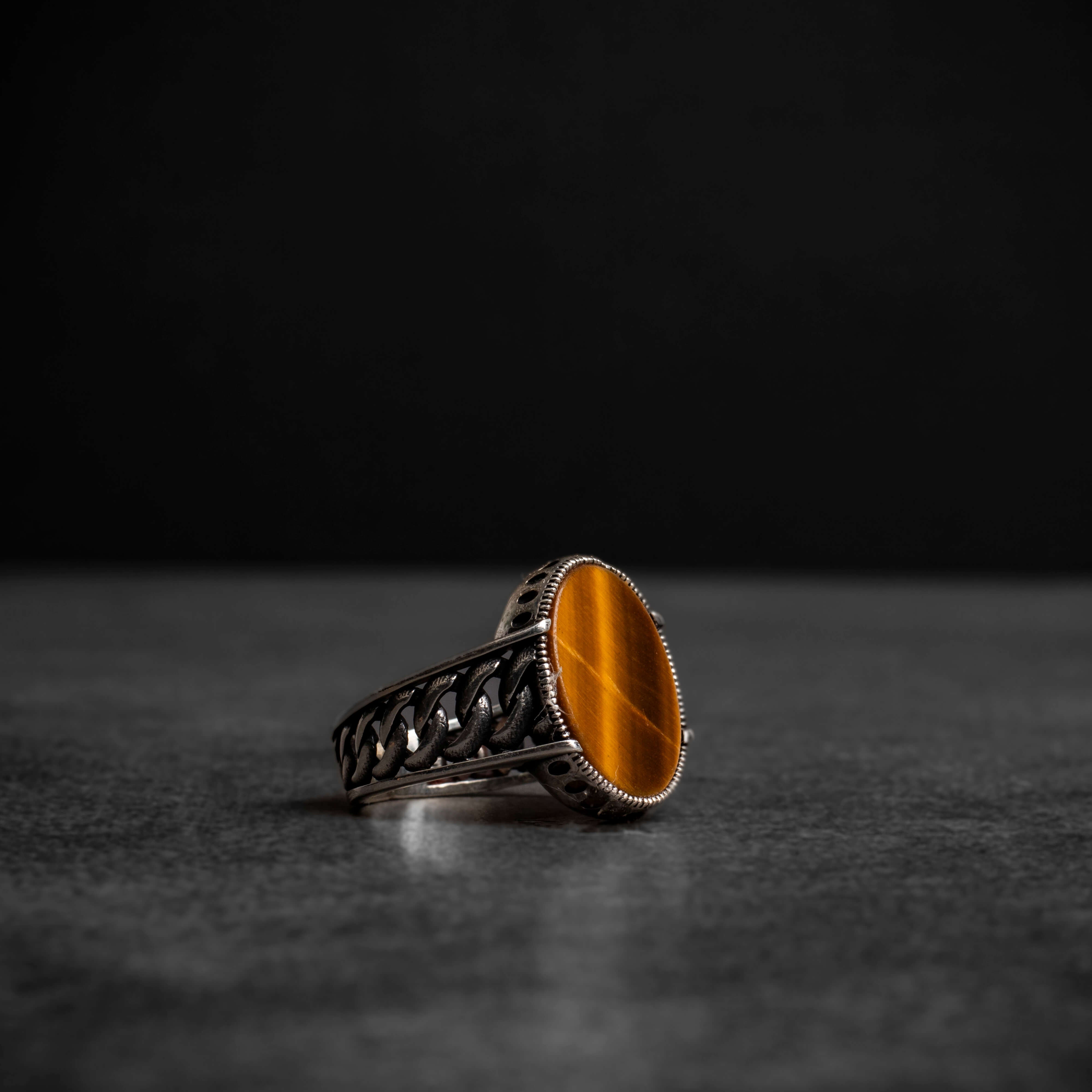 Men's Silver Ring with Tiger Eye Stone and Interlocking Chains Design