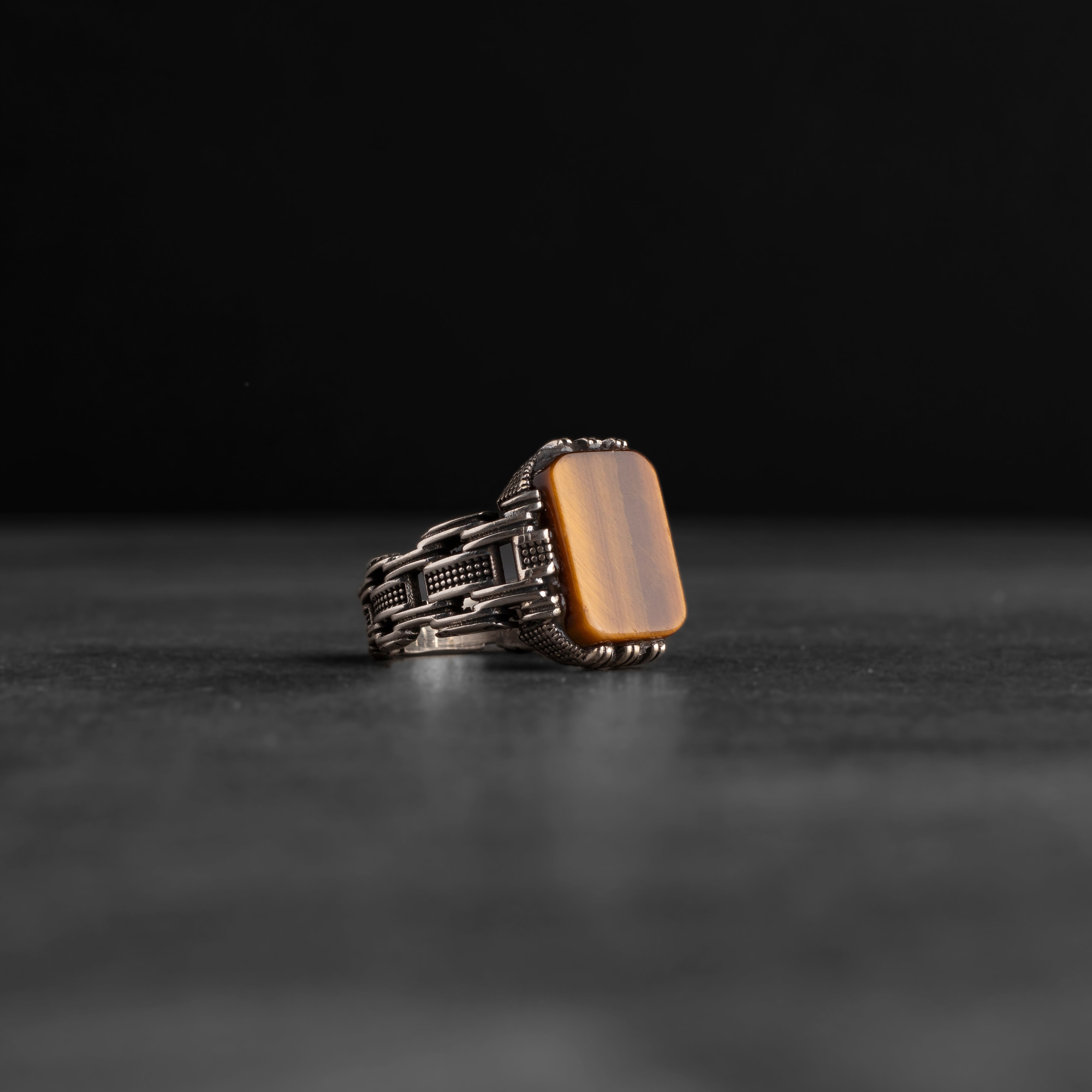 Men’s Sterling Silver Ring with Tiger Eye Stone and Chains Design