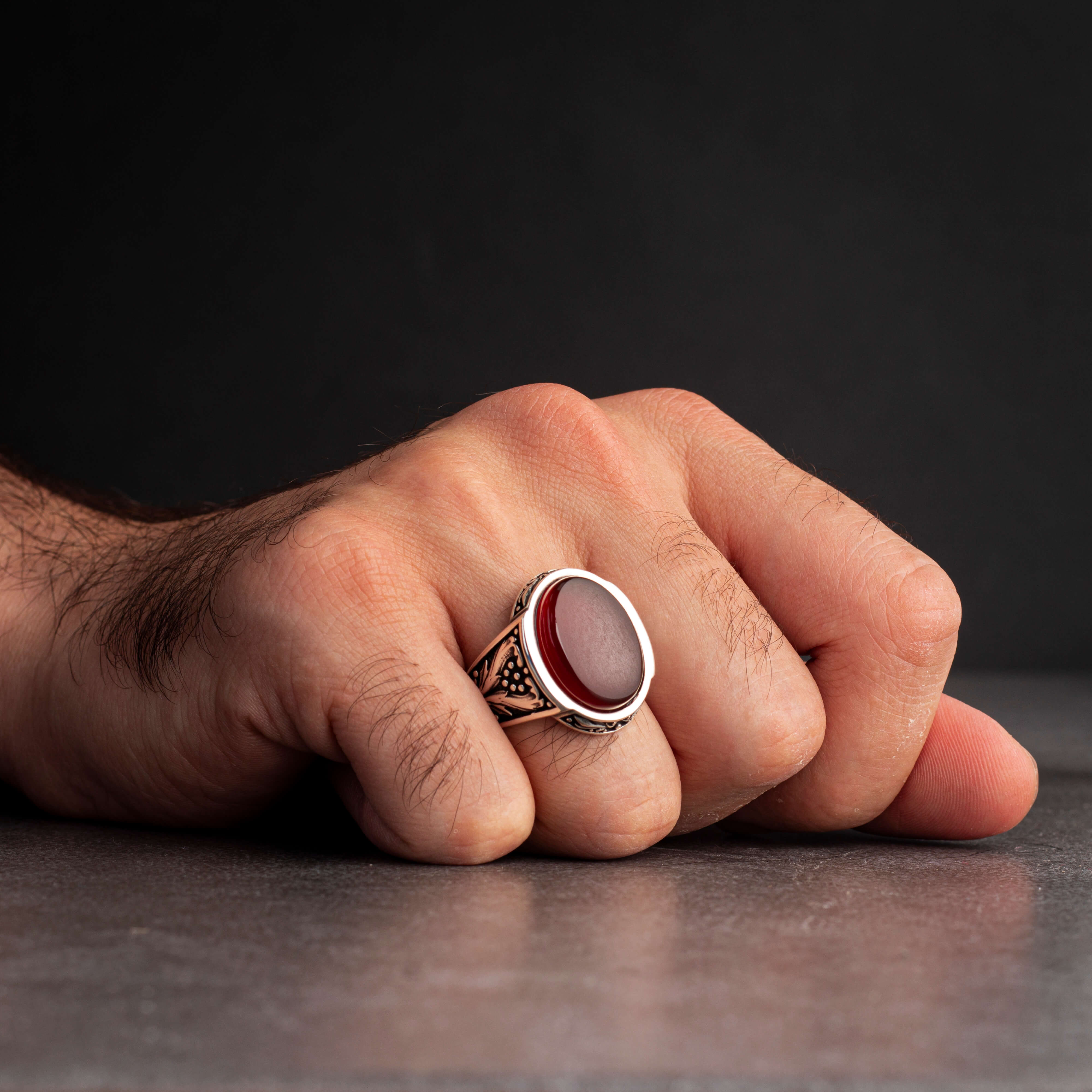 Men’s Sterling Silver Ring with Red Agate Stone