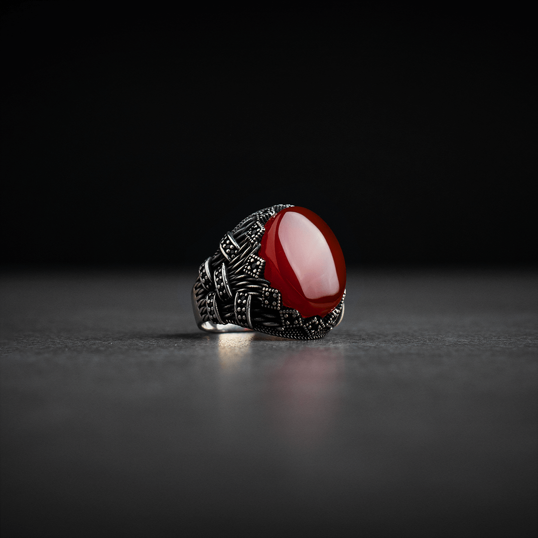 Men's silver ring decorated with red agate stone