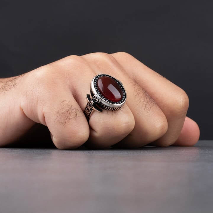 Sterling Silver Men's Ring with Red Agate Stone