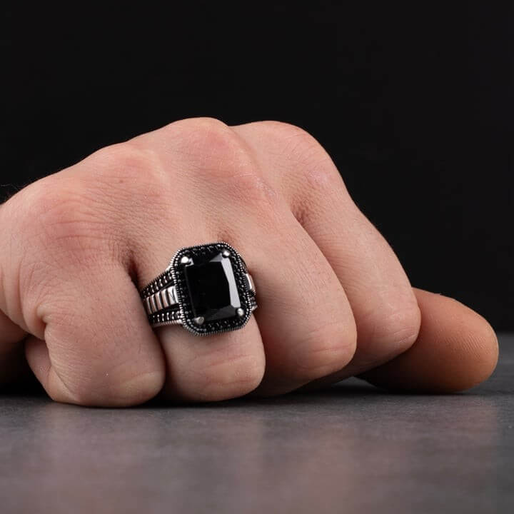 Men's Sterling Silver Ring with Black Zircon Stone