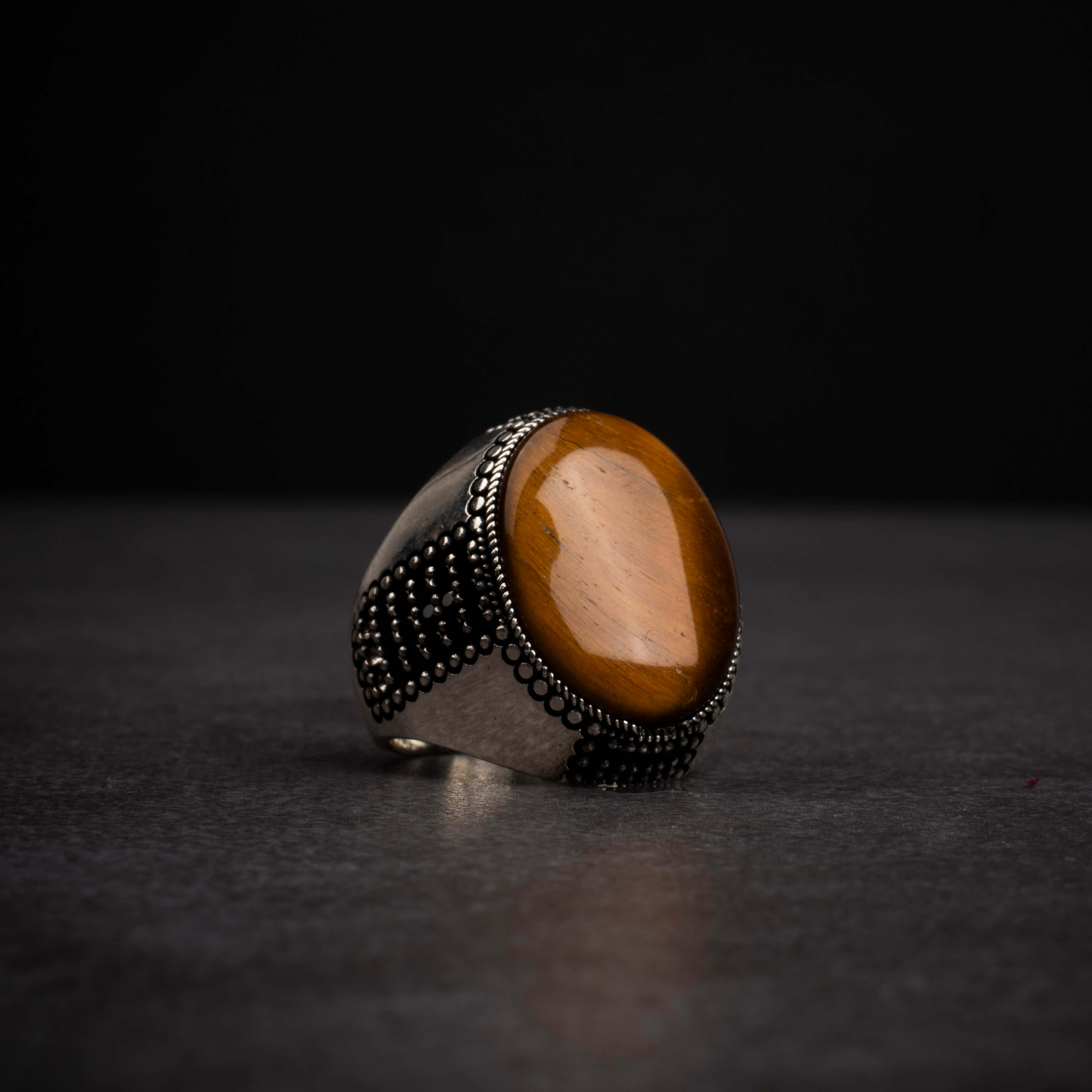 Men's Silver Ring with Tiger Eye Stone in Classic Ornate Design