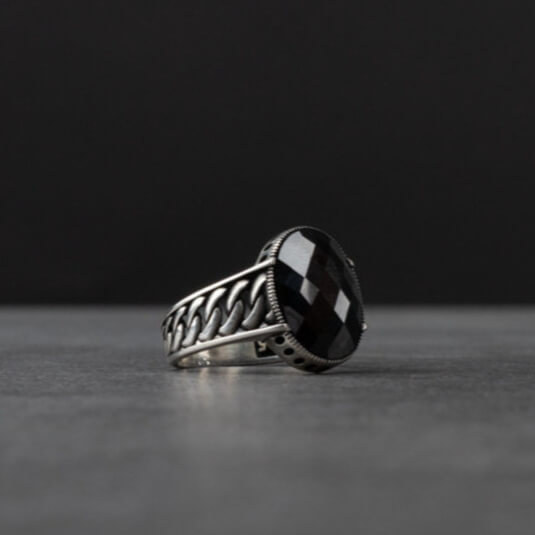 Men's Sterling Silver Ring with Black Zircon Stone