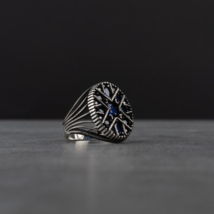 Sterling Silver Men's Ring with Blue Zircon Stone