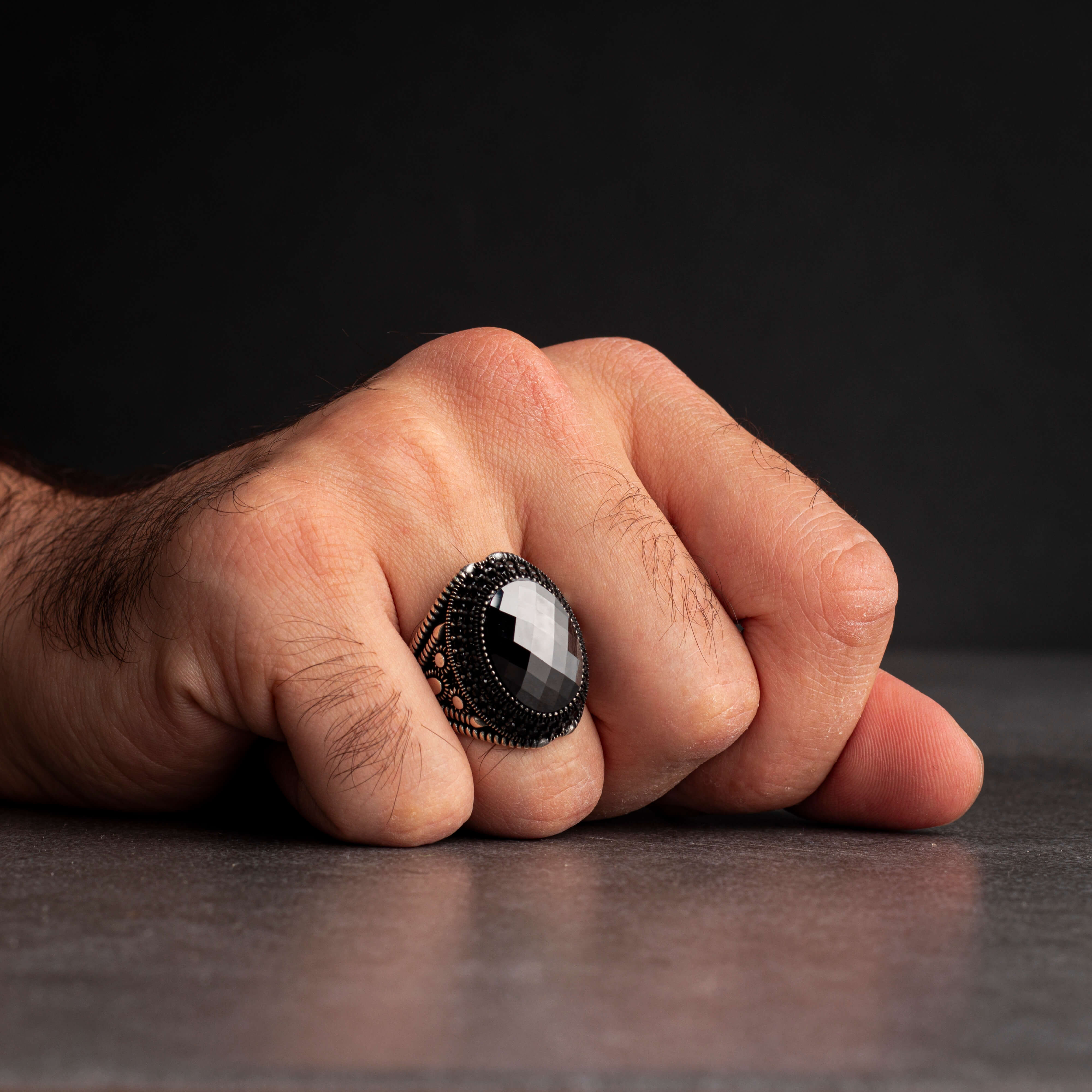 Men's Sterling Silver Ring with Black Zircon Stone