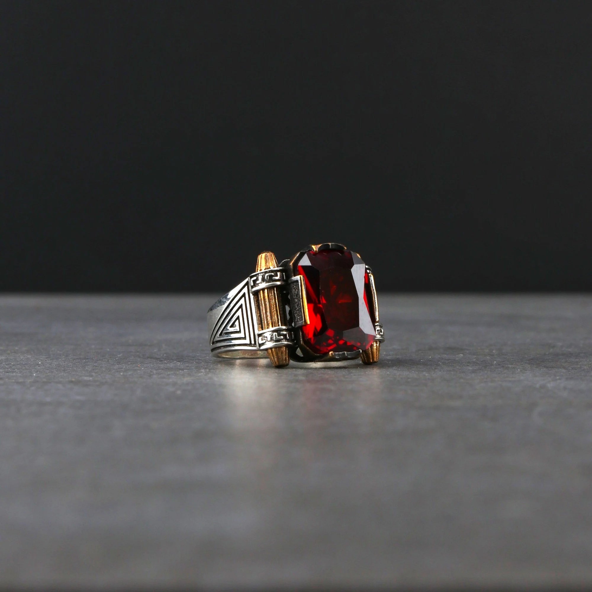 Sterling Silver Men's Ring with Red Zircon Stone
