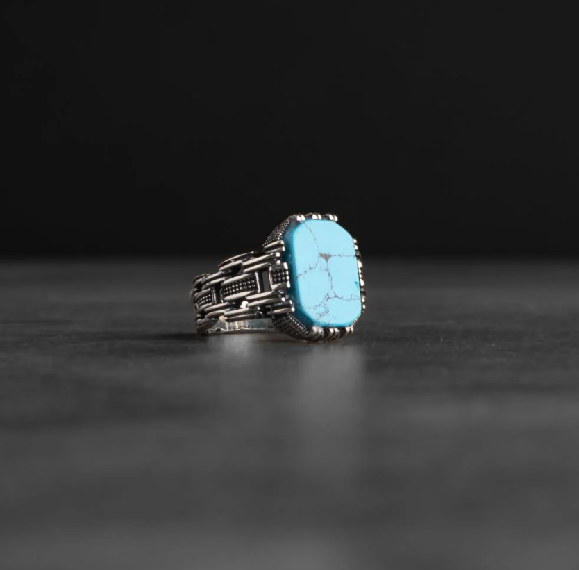 Men’s Sterling Silver Ring with Fairouz Stone and Chain Design
