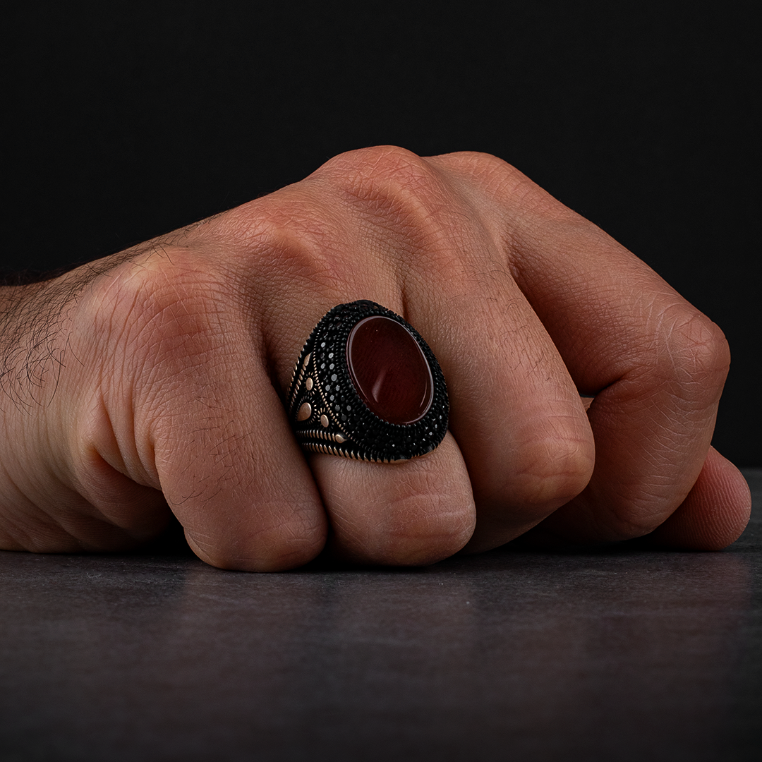 Men's silver ring with red agate stone