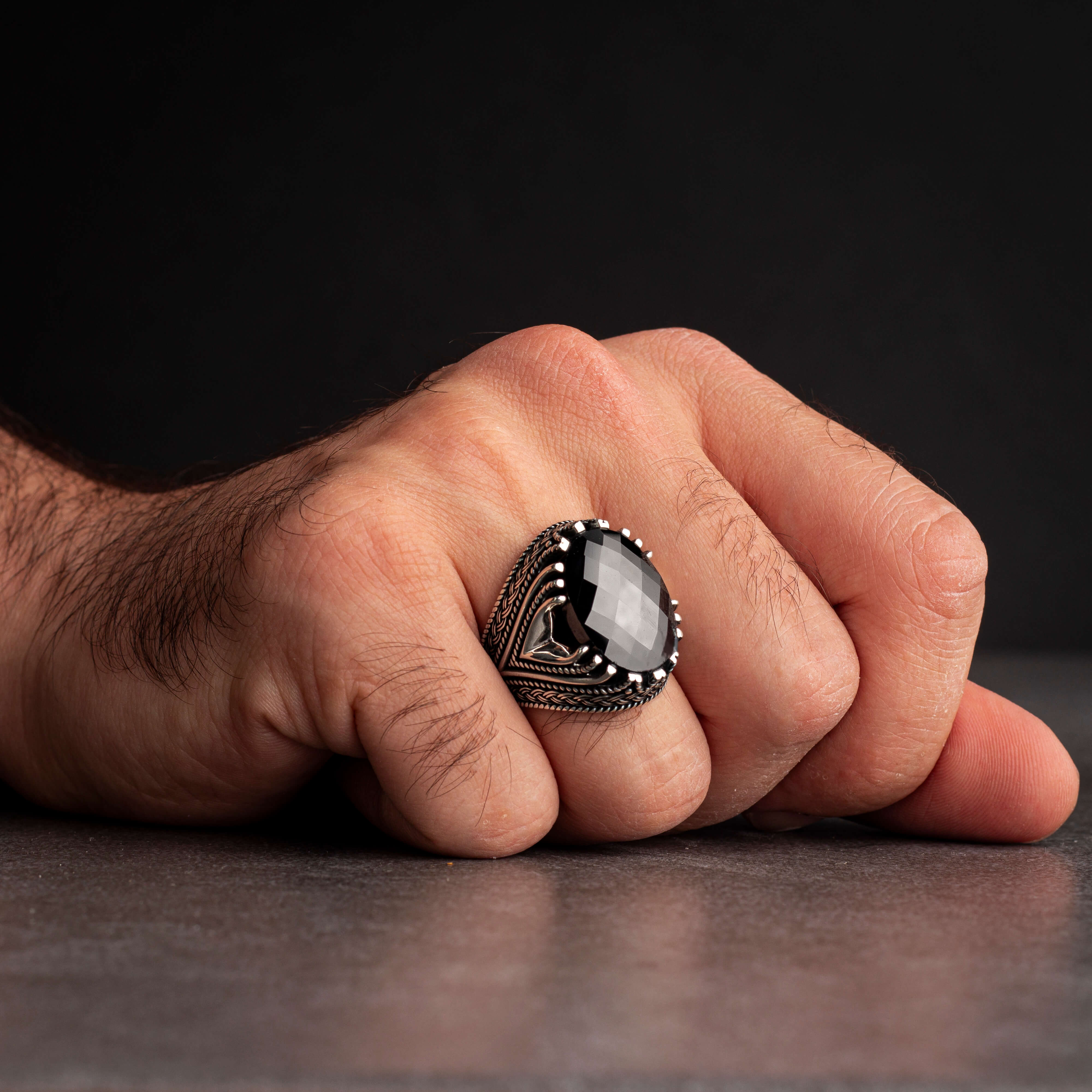 Men's Sterling Silver Ring with Black Zircon Stone