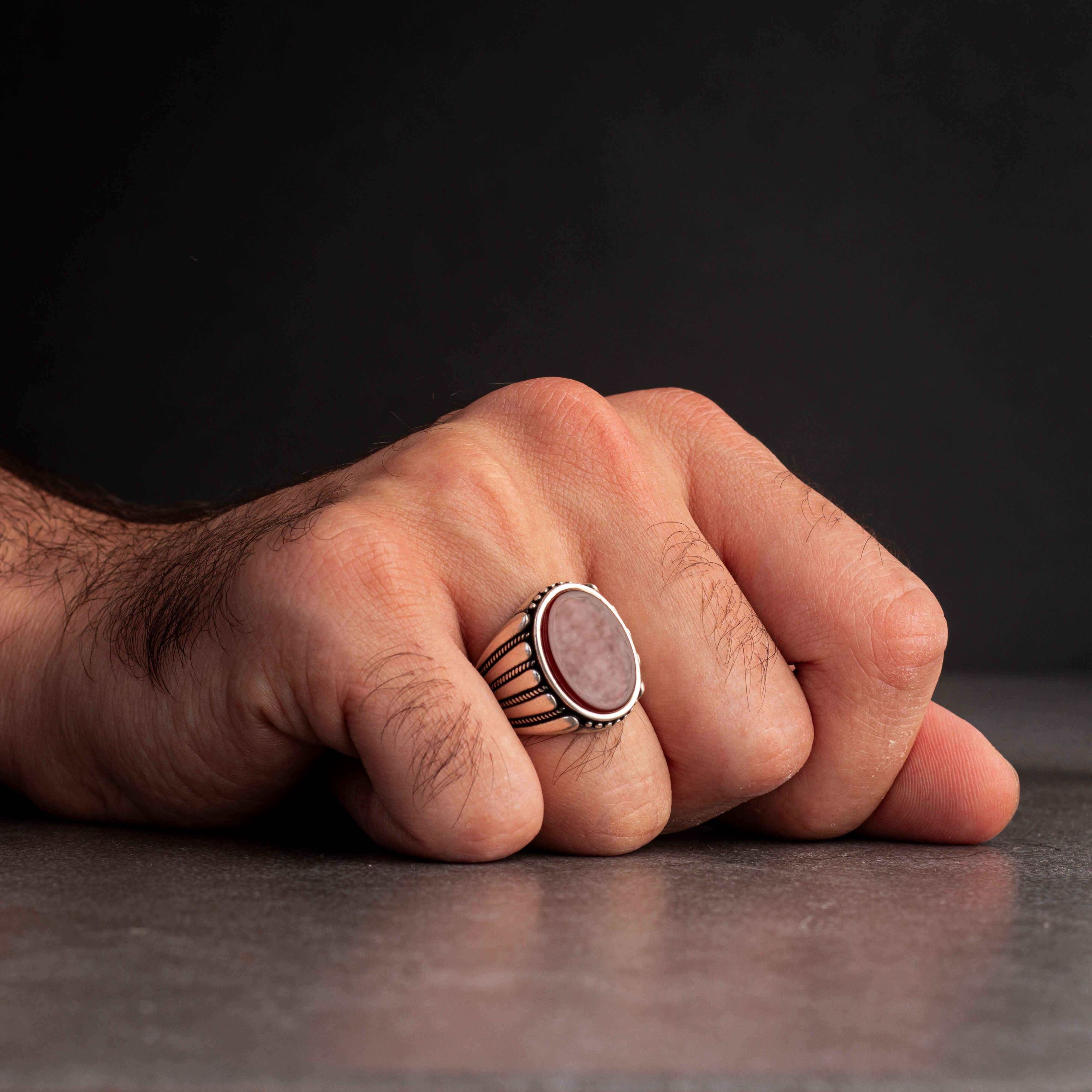Men’s Sterling Silver Ring with Red Agate Stone and Horizontal Engravings