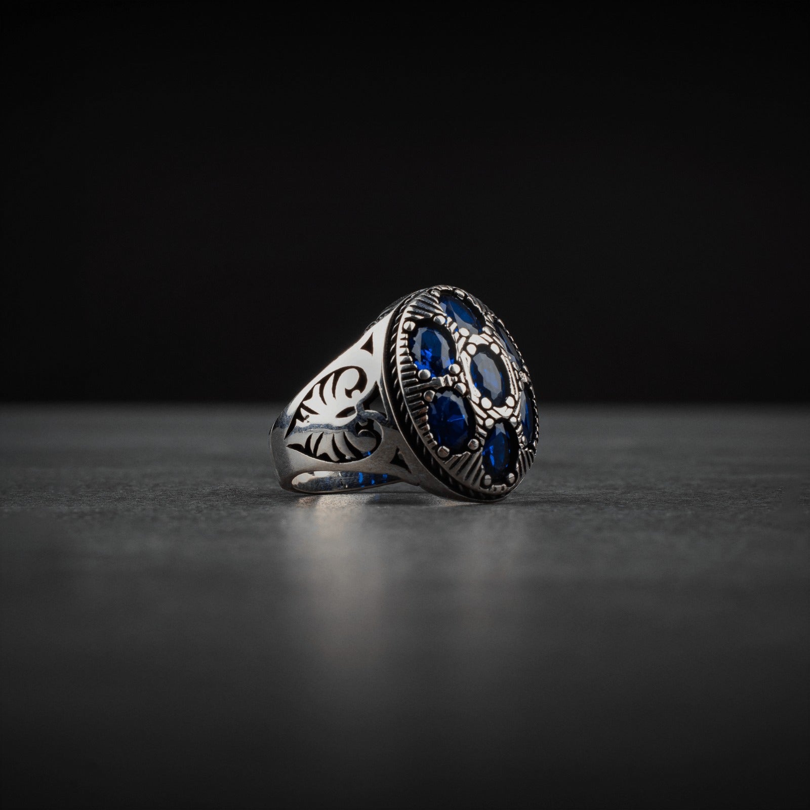 Sterling Silver Men's Ring with Blue Zircon Stones