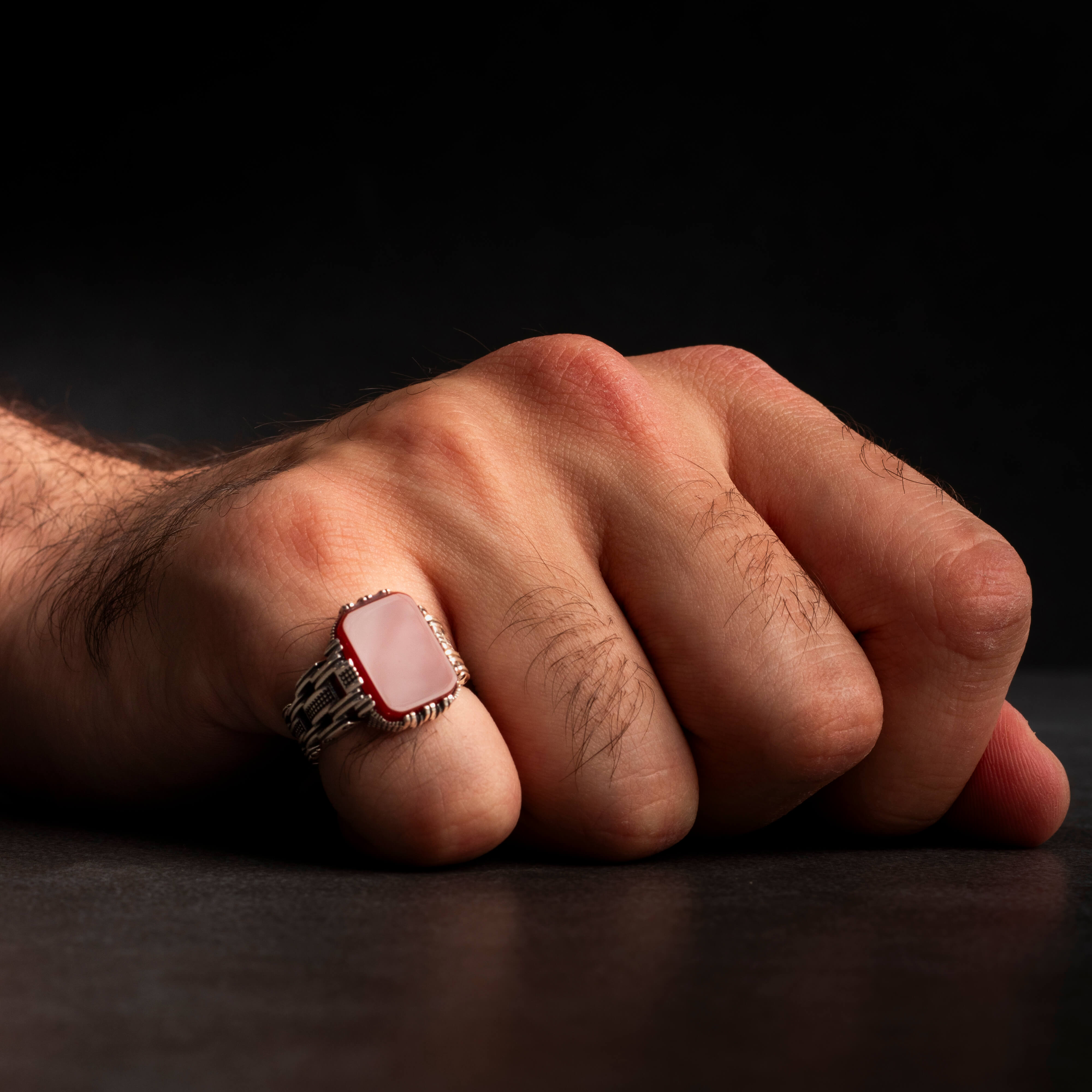 Men’s Sterling Silver Ring with Red Agate Stone and Chain Design