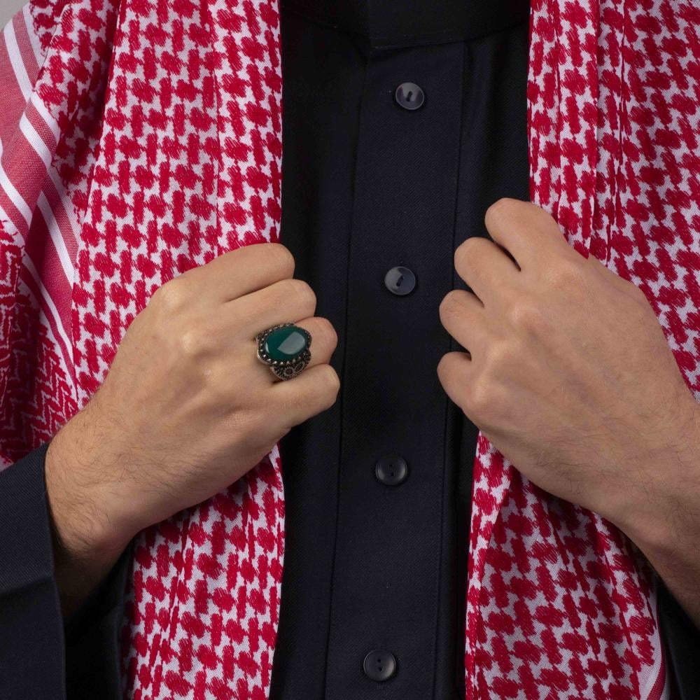 خاتم رجالي فضة مزين بحجر عقيق أخضر