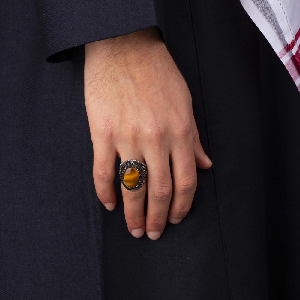 Men's Silver Ring with Tiger's Eye Raised - Elegant Luxury Design