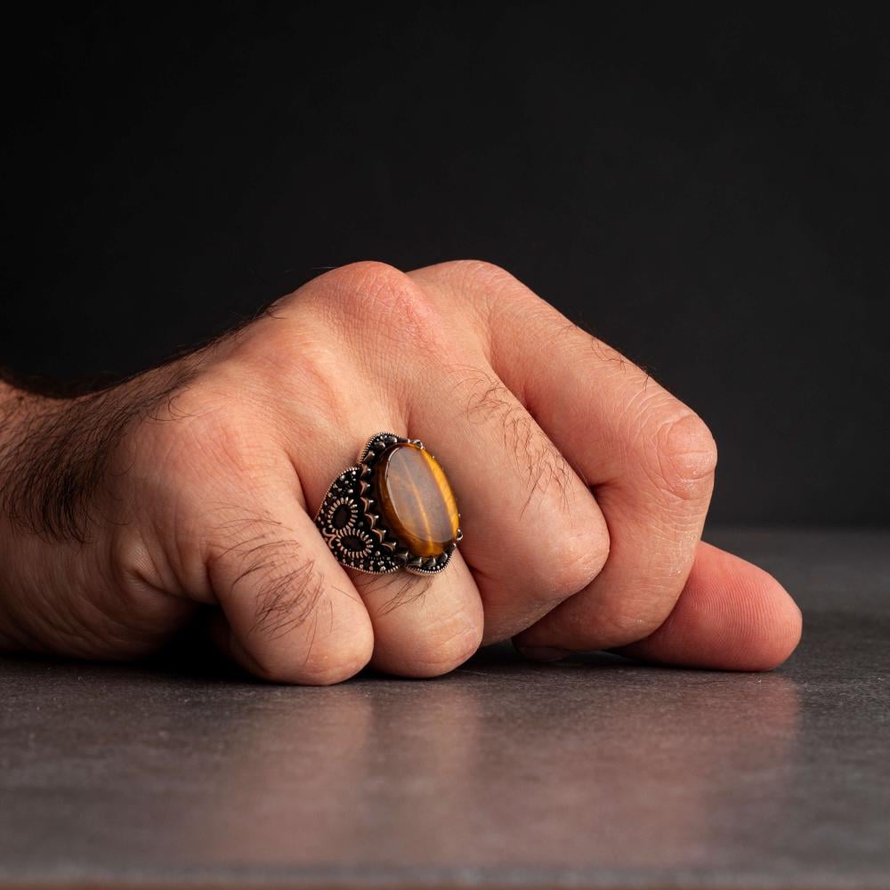Men's Silver Ring with Tiger's Eye - Ornate Design
