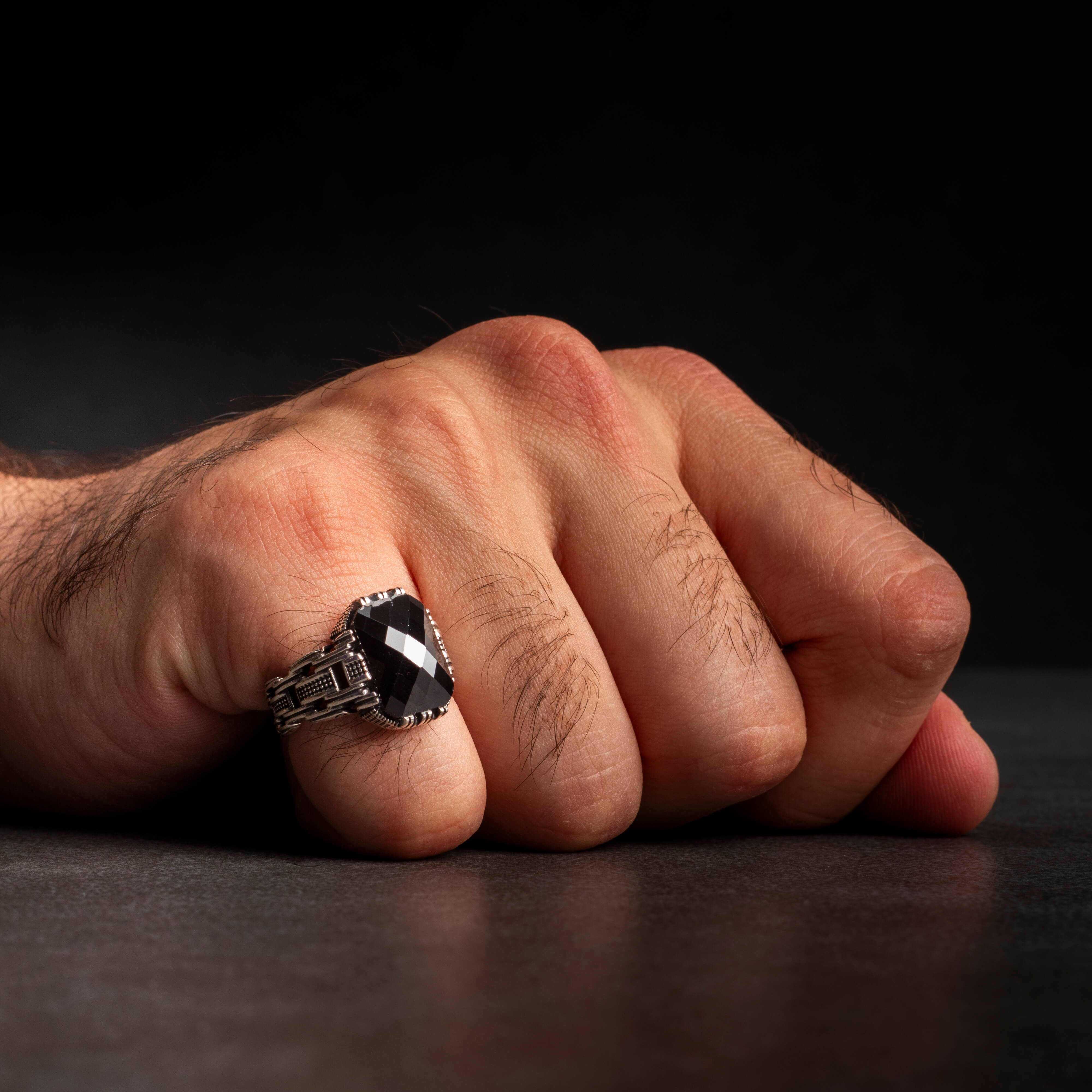 Men's Sterling Silver Ring with Black Zircon Stone