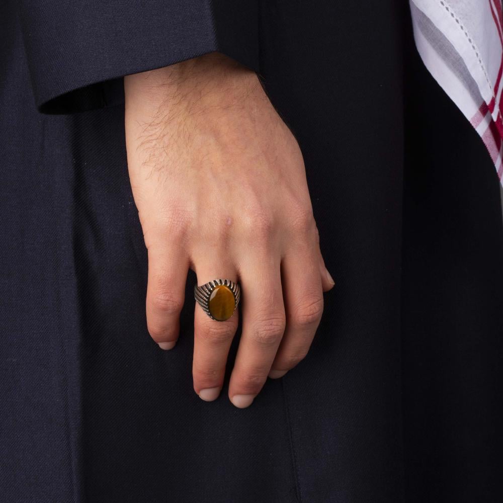 Men's Silver Ring with Tiger's Eye - Elegant Linear Design