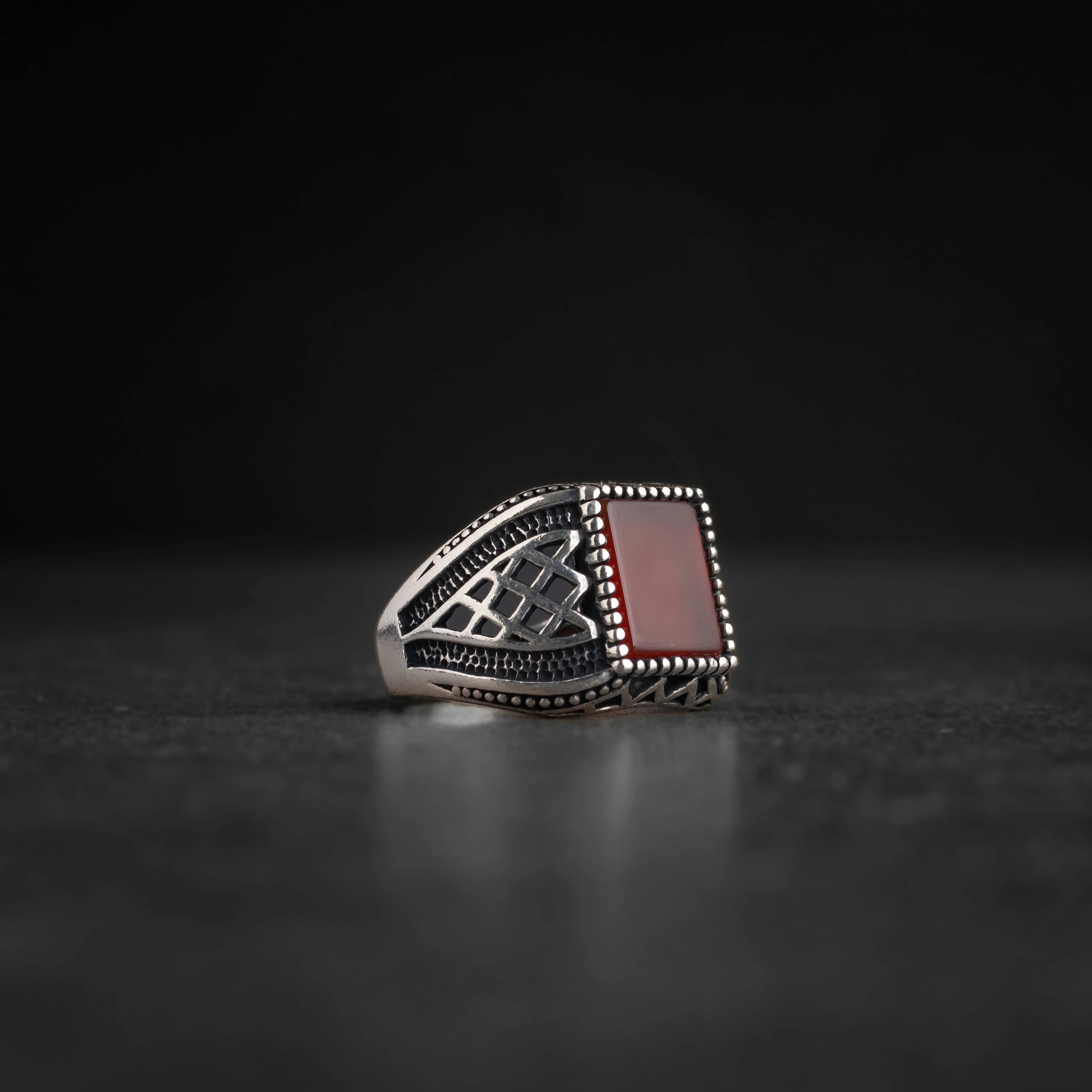 Men's silver ring with red agate stone