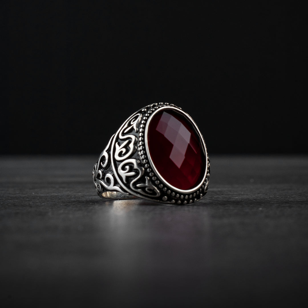 Sterling Silver Men's Ring with Red Zircon Stone